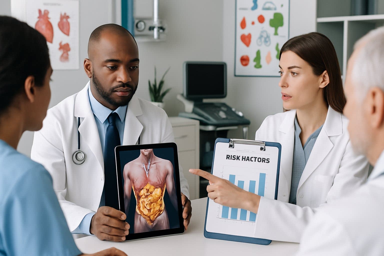 Medical professionals discussing cardiovascular health with a 3D anatomical model of visceral fat in a clinical setting.