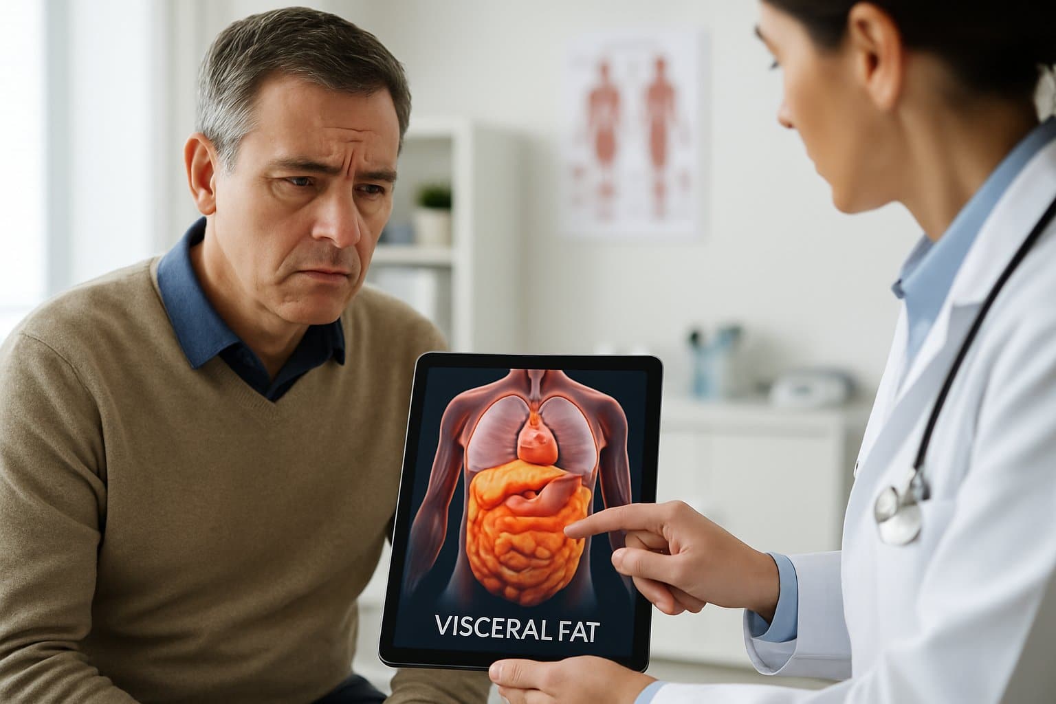 A man in a medical office looking at a digital tablet showing internal visceral fat while a doctor explains health risks.