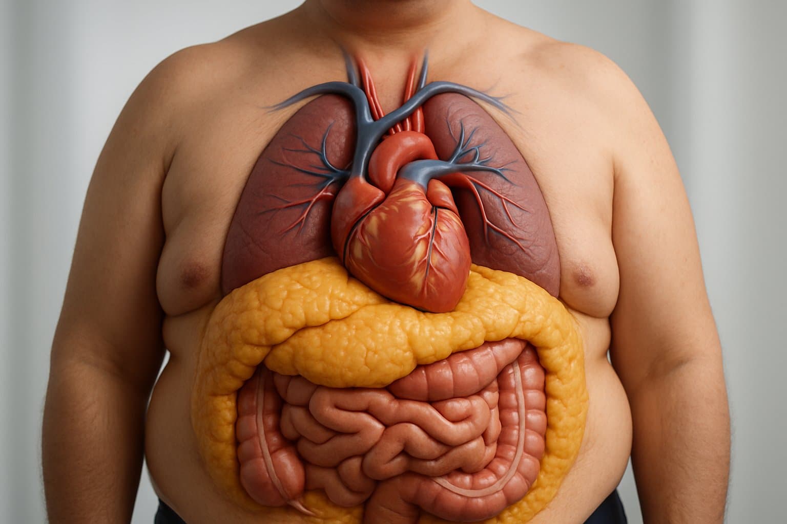 A detailed 3D visualization of a human torso showing visceral fat around internal organs and the heart with arteries and veins.