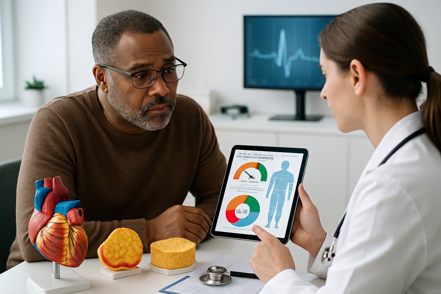 A doctor shows a middle-aged man charts and body measurements related to cardiovascular health and visceral fat risk during a medical consultation.