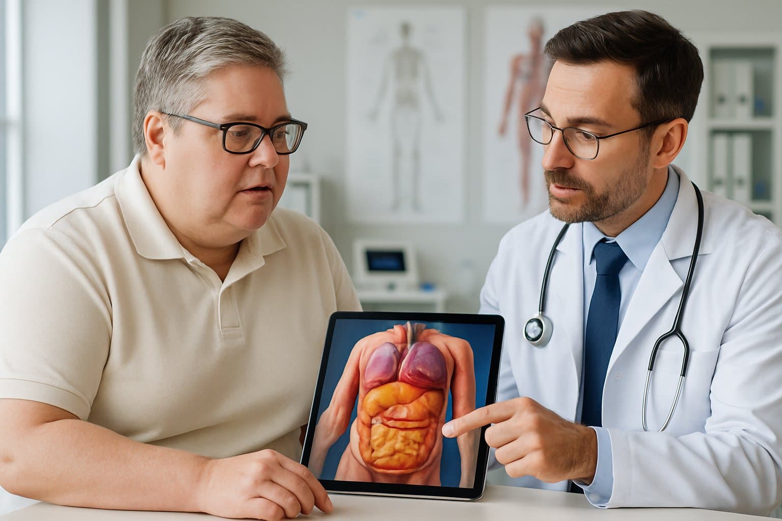 A person consulting with a healthcare professional in a medical office, discussing health with a digital tablet showing an anatomical illustration of visceral fat and the heart.