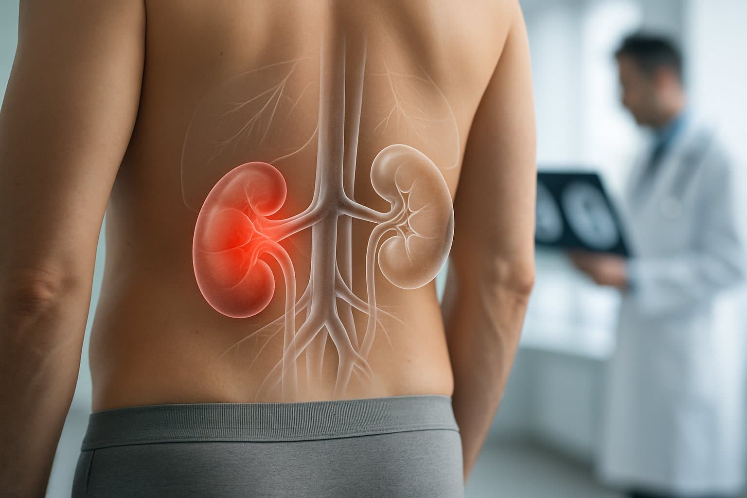 Close-up of a human torso showing kidneys with one highlighted to indicate kidney problems, with a doctor examining scans in the background.