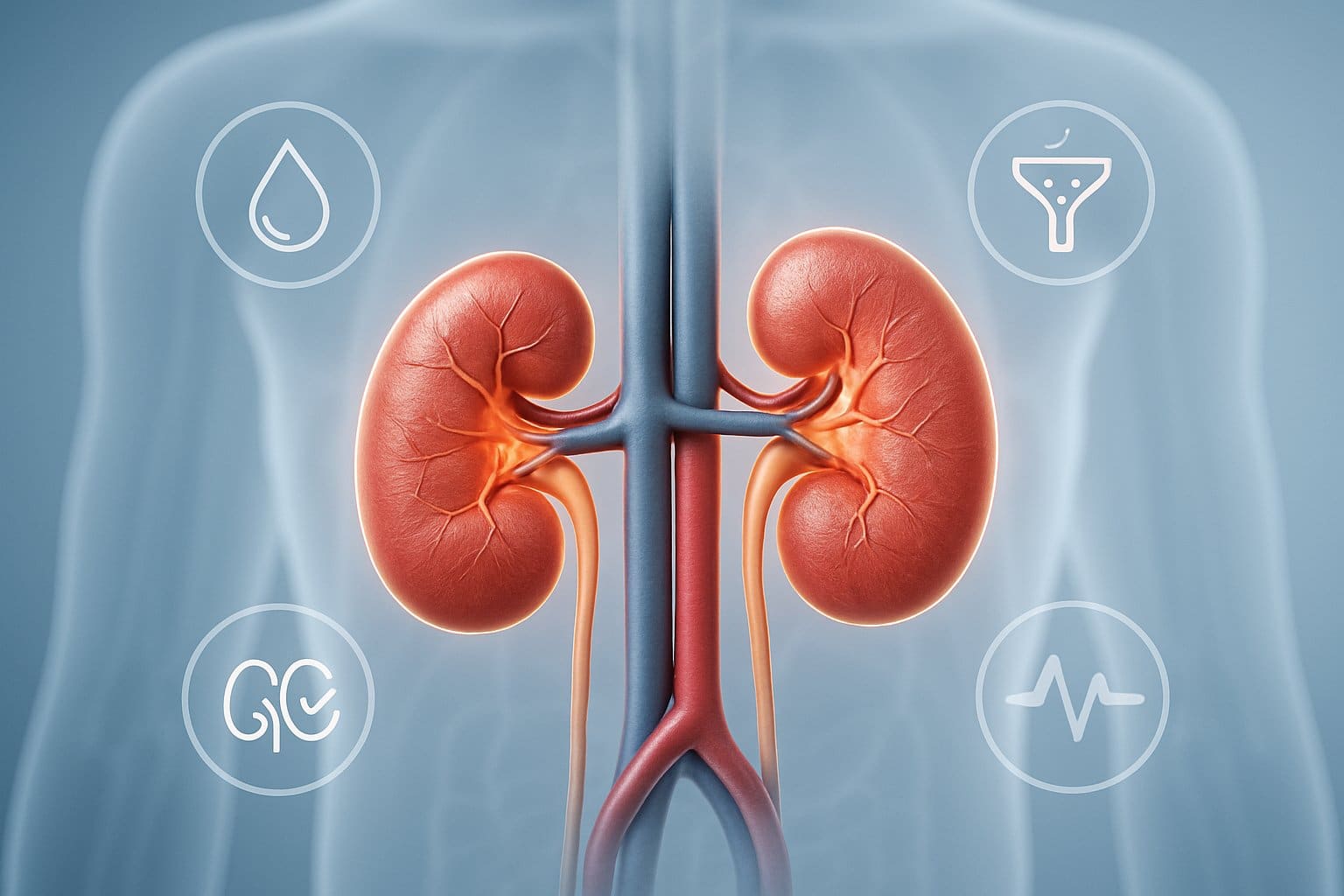 A detailed 3D illustration of human kidneys connected to blood vessels within a faint outline of a torso, surrounded by medical icons representing kidney function.