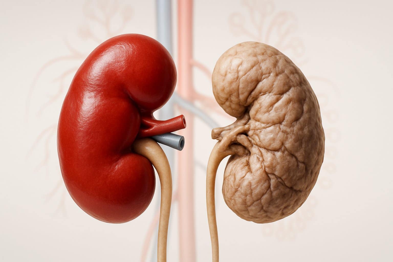 Close-up image of two human kidneys, one healthy and one damaged, showing the difference between normal and failing kidneys.