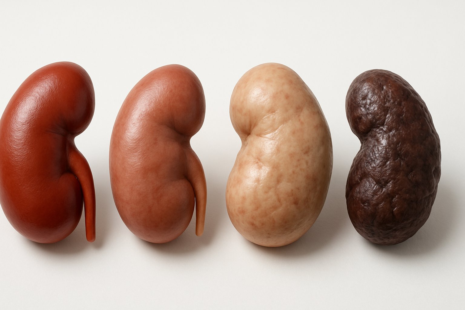 A series of human kidneys arranged from healthy to severely damaged, showing changes in color, texture, and size to represent the progression of kidney disease.