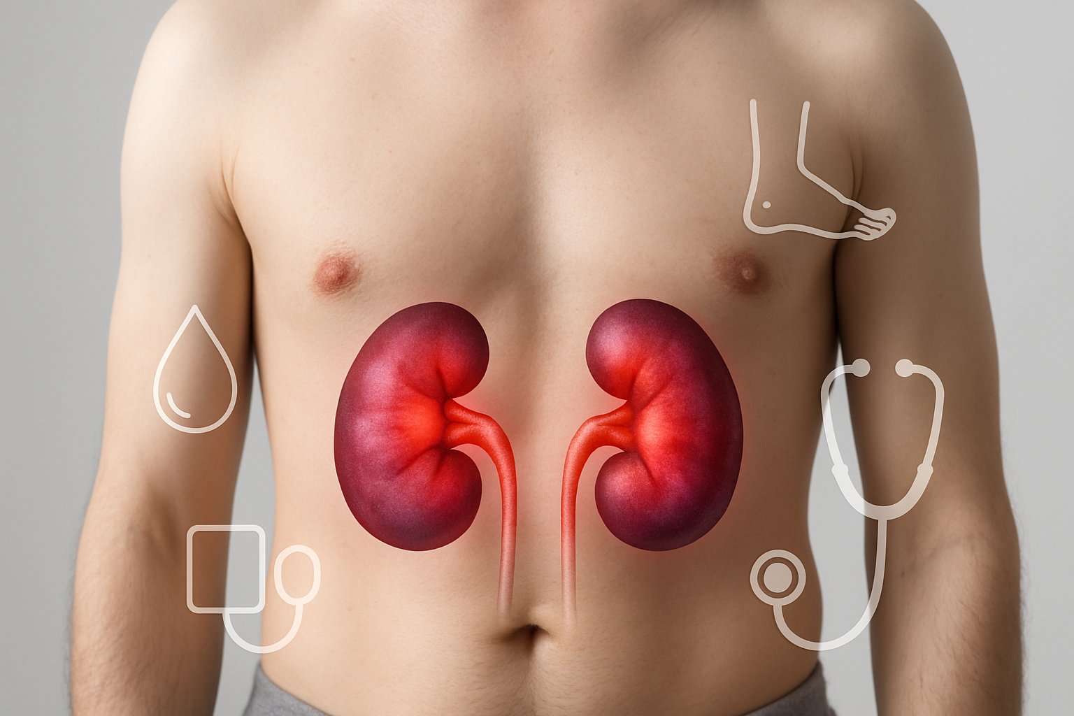 Close-up of a human torso with highlighted kidneys showing signs of distress, surrounded by medical icons representing symptoms of kidney failure.