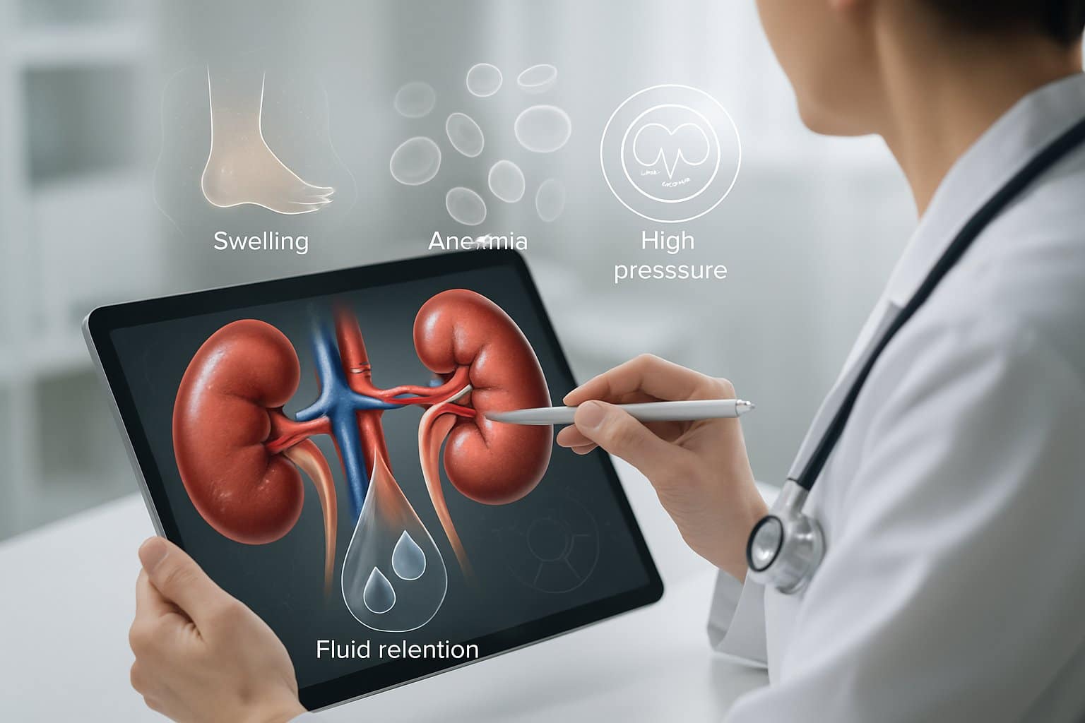 Healthcare professional examining 3D kidney models and related medical visuals in a clinical setting.