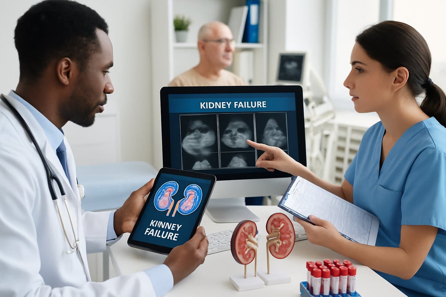 Healthcare professionals reviewing kidney scans and medical charts while a patient undergoes a diagnostic test in a modern clinic.