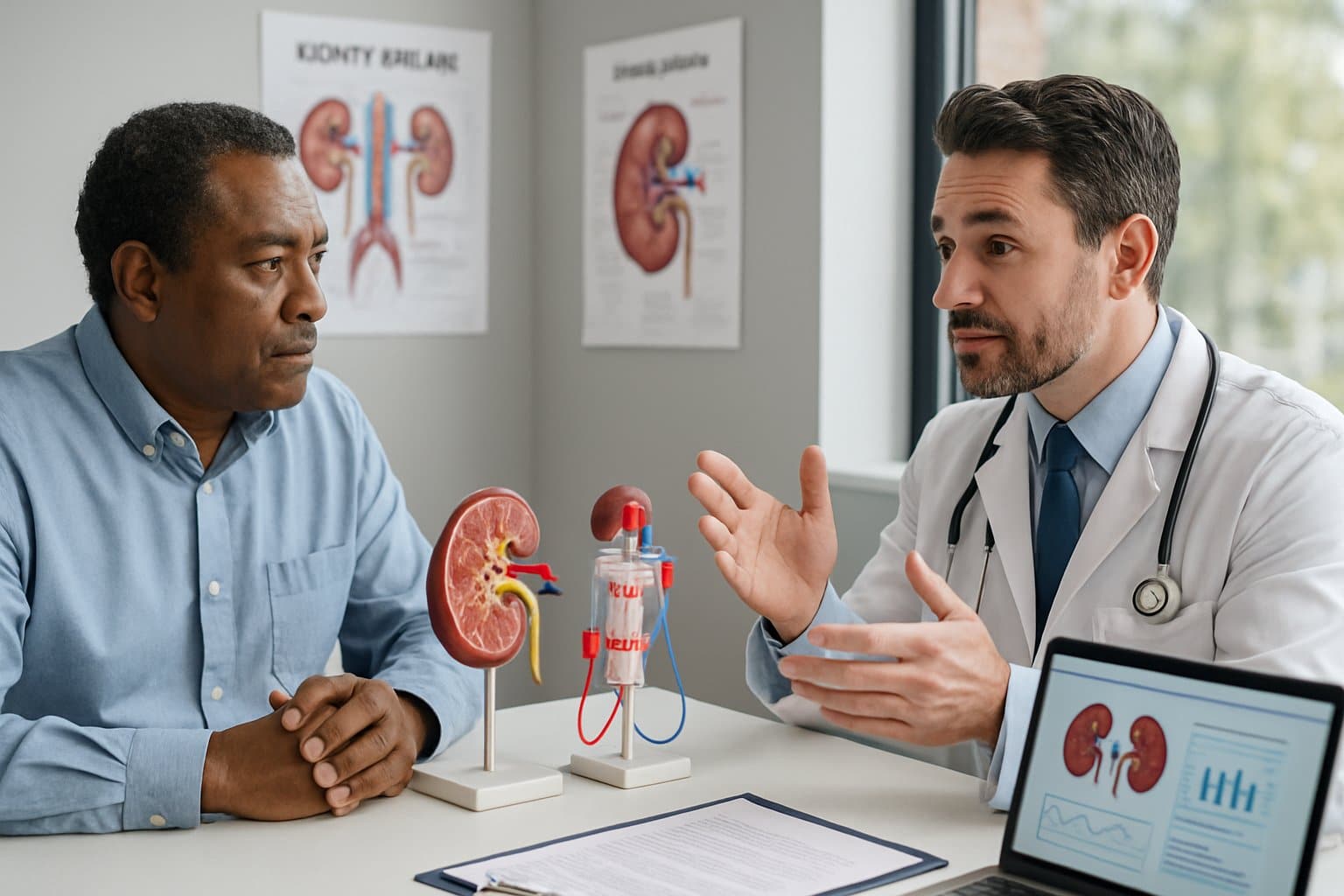 A doctor and patient discussing kidney treatment options in a medical office with kidney models and charts on the desk.