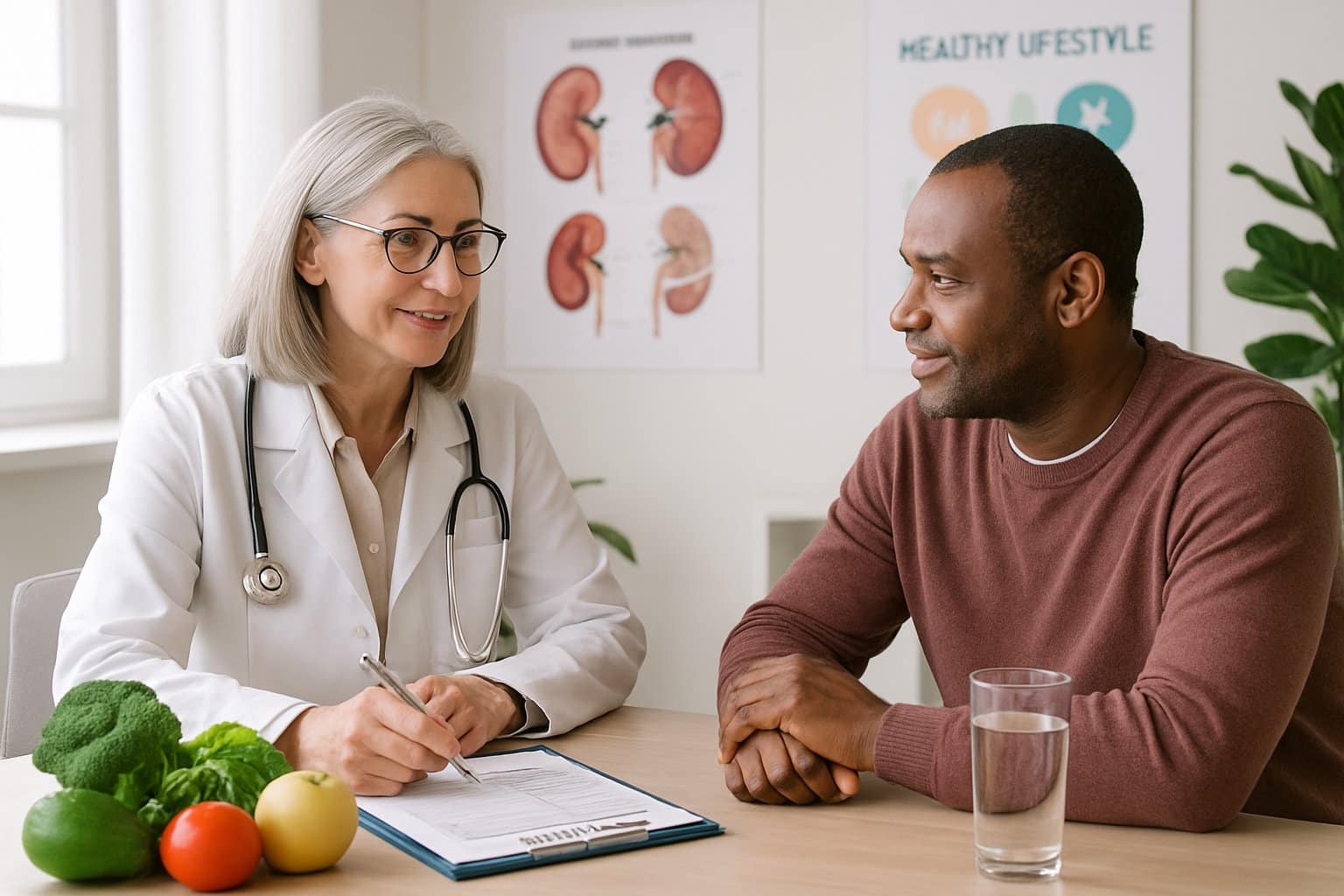 A doctor consulting with a patient in a medical office with fresh fruits and vegetables on the desk and kidney health charts in the background.