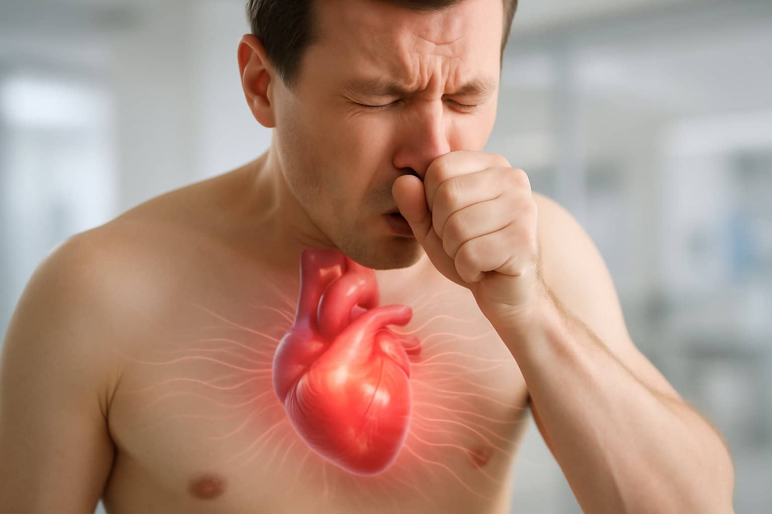 Close-up of a human torso showing a semi-transparent view of the heart inside the chest with visual effects representing the impact of sneezing on the heart.