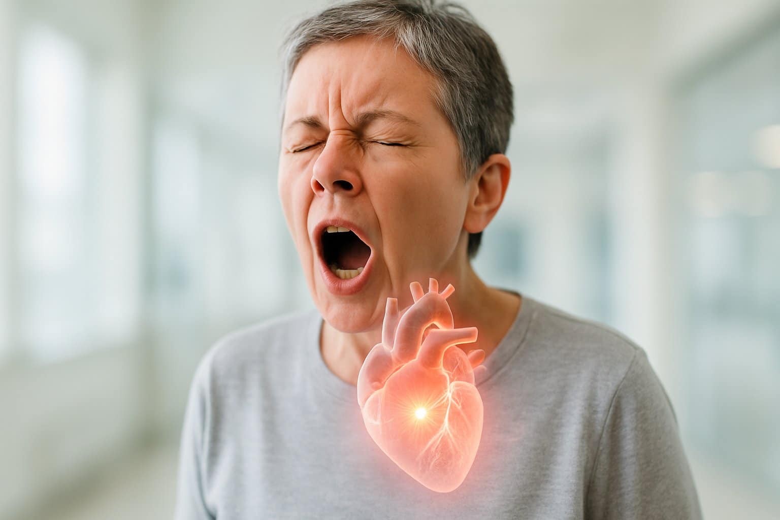 Person sneezing with a semi-transparent anatomical heart visible over their chest.
