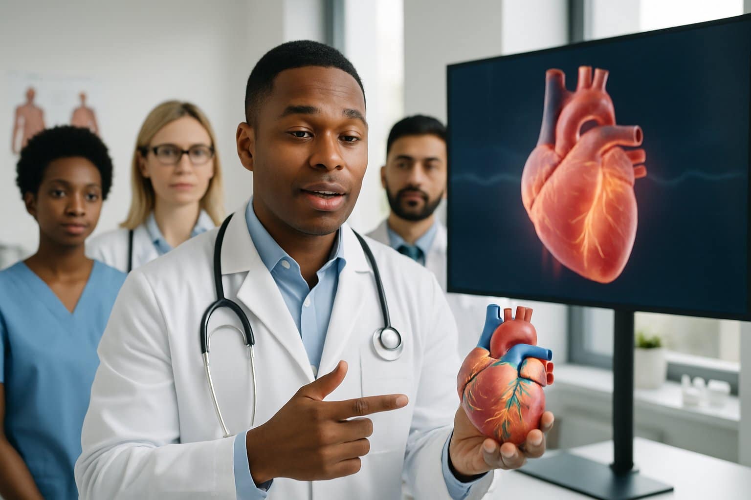 A doctor in a white coat explains heart function using a heart model and a digital display showing a beating heart in a medical office.