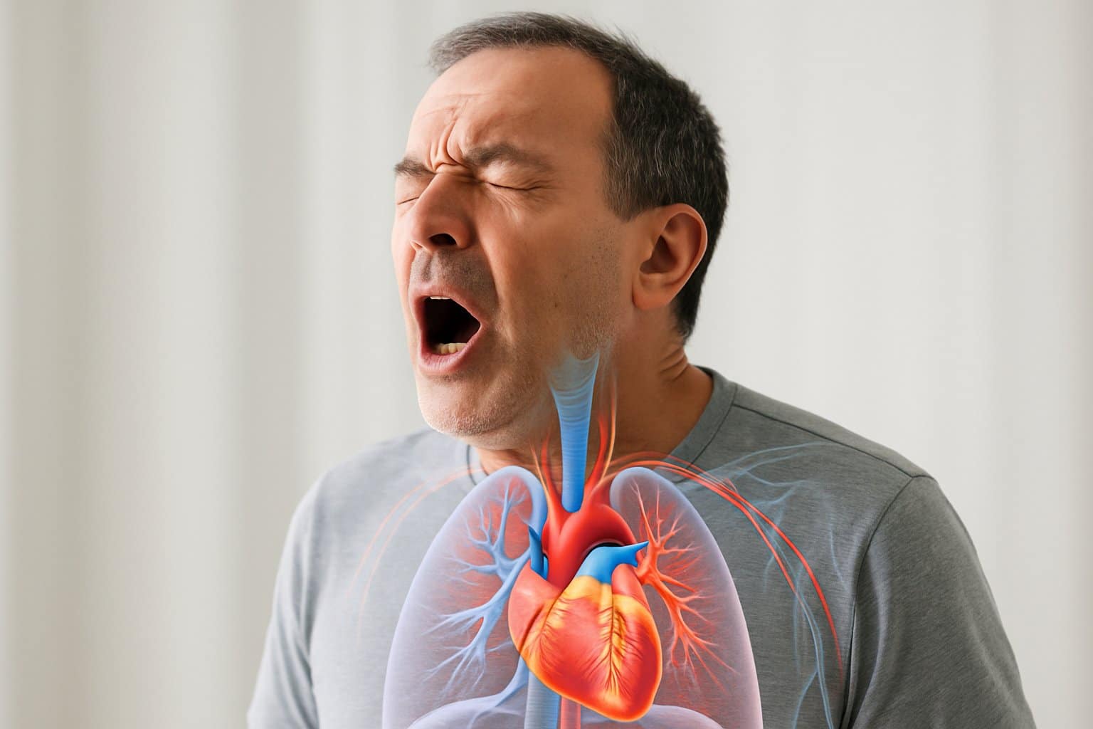A middle-aged man sneezing with an anatomical overlay showing his heart and respiratory system.