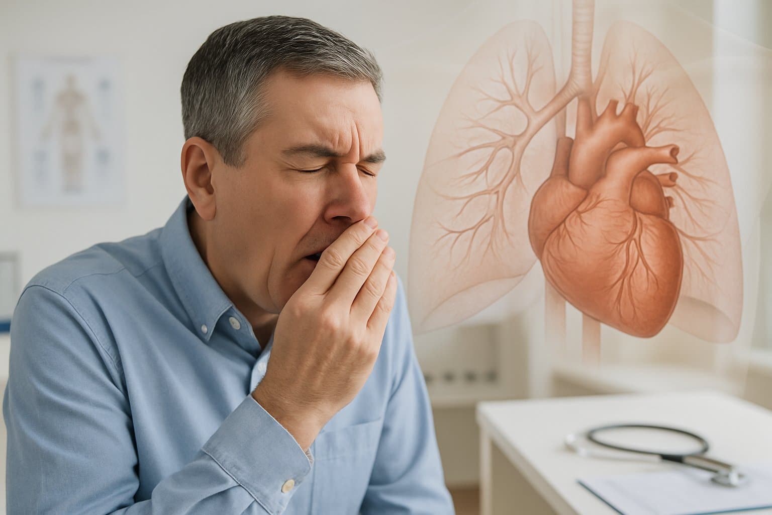 A person sneezing in a medical office with a faint anatomical illustration of a heart and respiratory system in the background.