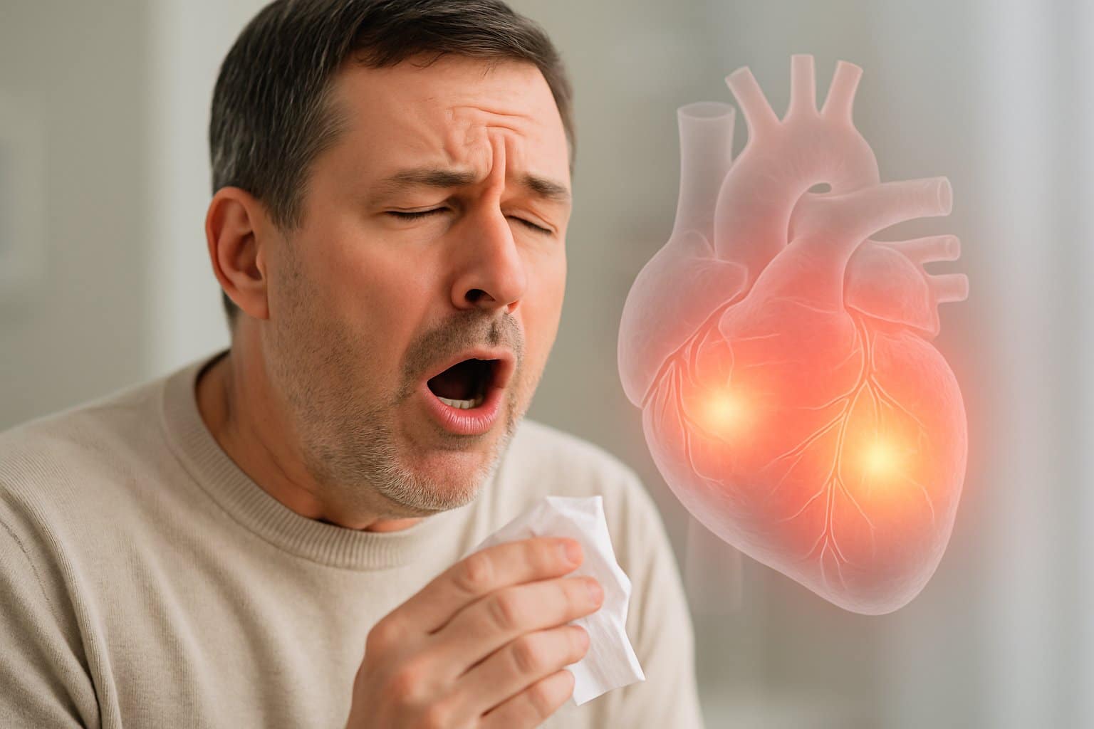 A middle-aged person in mid-sneeze with a transparent 3D heart illustration showing highlighted areas behind them.