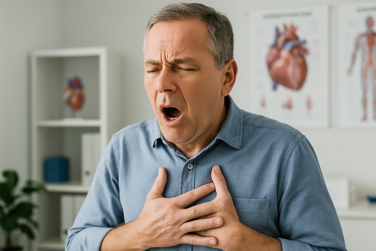A person holding their chest and about to sneeze in a medical office with heart-related models in the background.