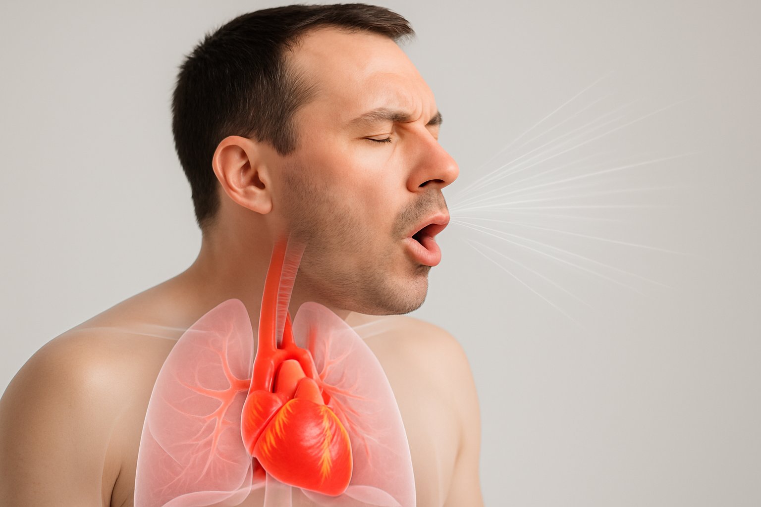 A person mid-sneeze with a semi-transparent view showing the heart and lungs inside the chest.