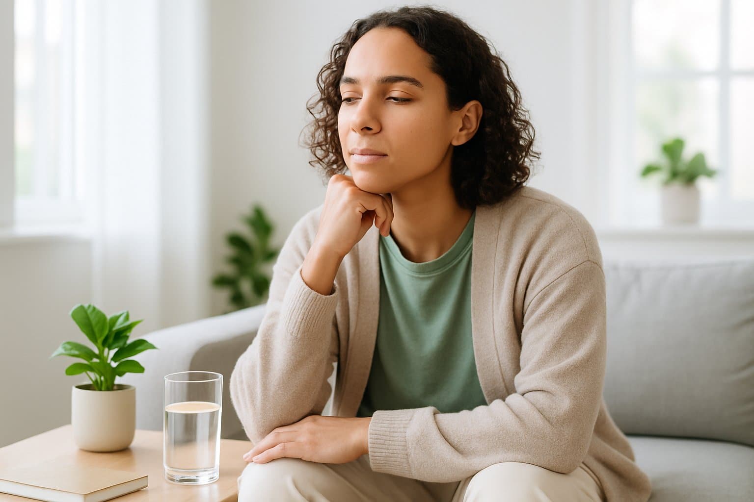 A young adult sitting calmly in a bright living room, appearing peaceful and reflective with wellness items nearby.