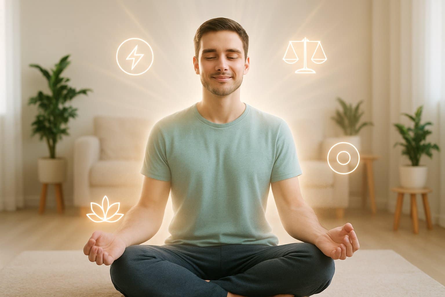 A calm young adult sitting cross-legged in a bright living room, surrounded by symbols of energy and balance, looking peaceful and healthy.