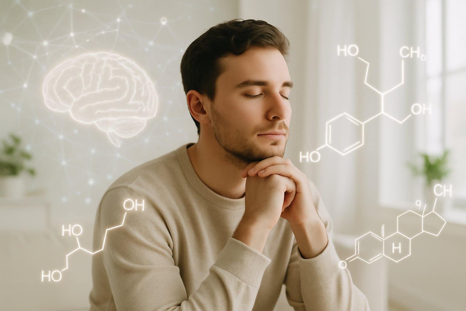 A young adult sitting calmly in a bright room with abstract neural and hormonal graphics around them, symbolizing changes in the body.