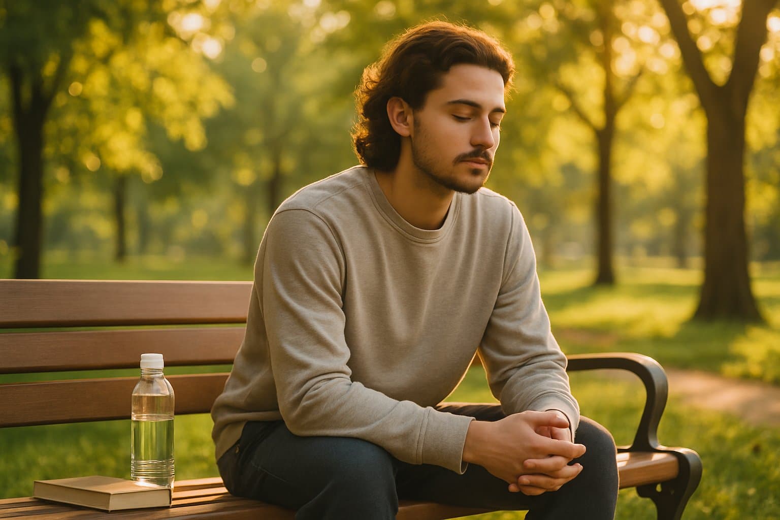 A young adult sitting thoughtfully on a park bench surrounded by trees and soft sunlight.