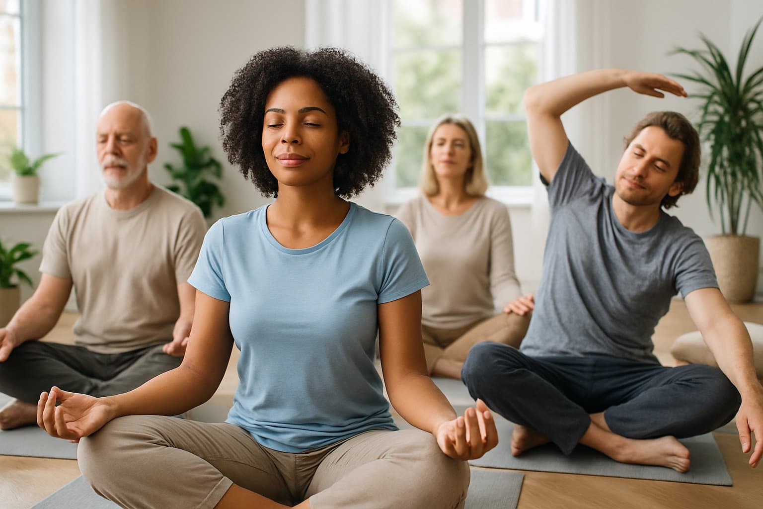 A diverse group of adults sitting peacefully in a bright room, practicing meditation and mindfulness activities.