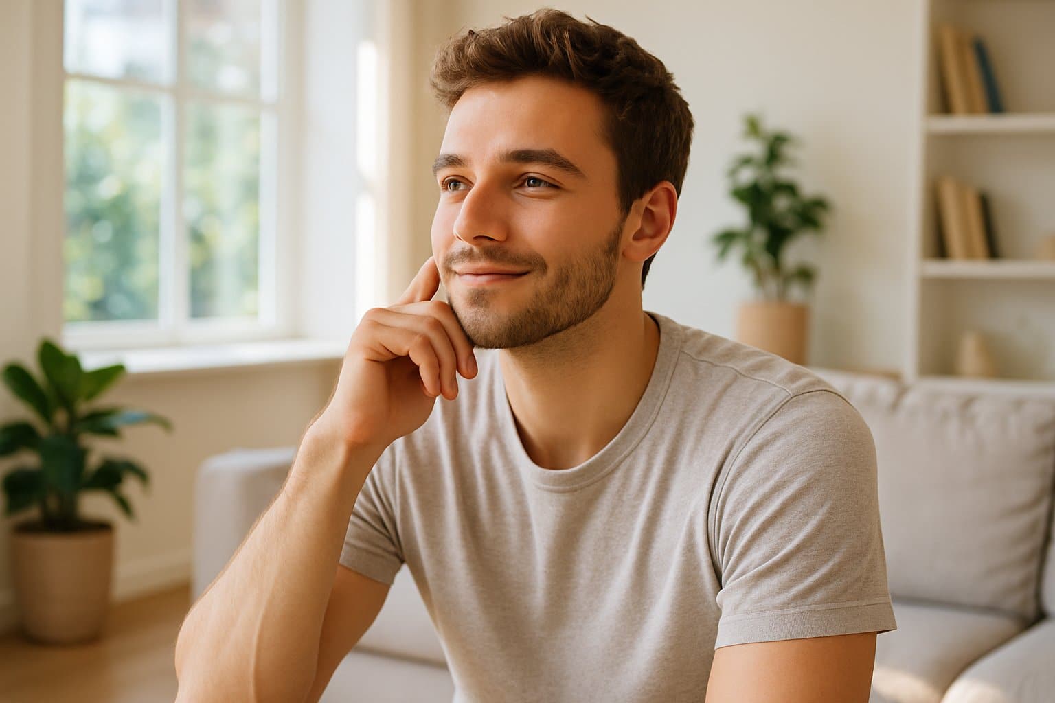 A young adult sitting thoughtfully in a bright living room with natural sunlight, surrounded by plants and furniture.
