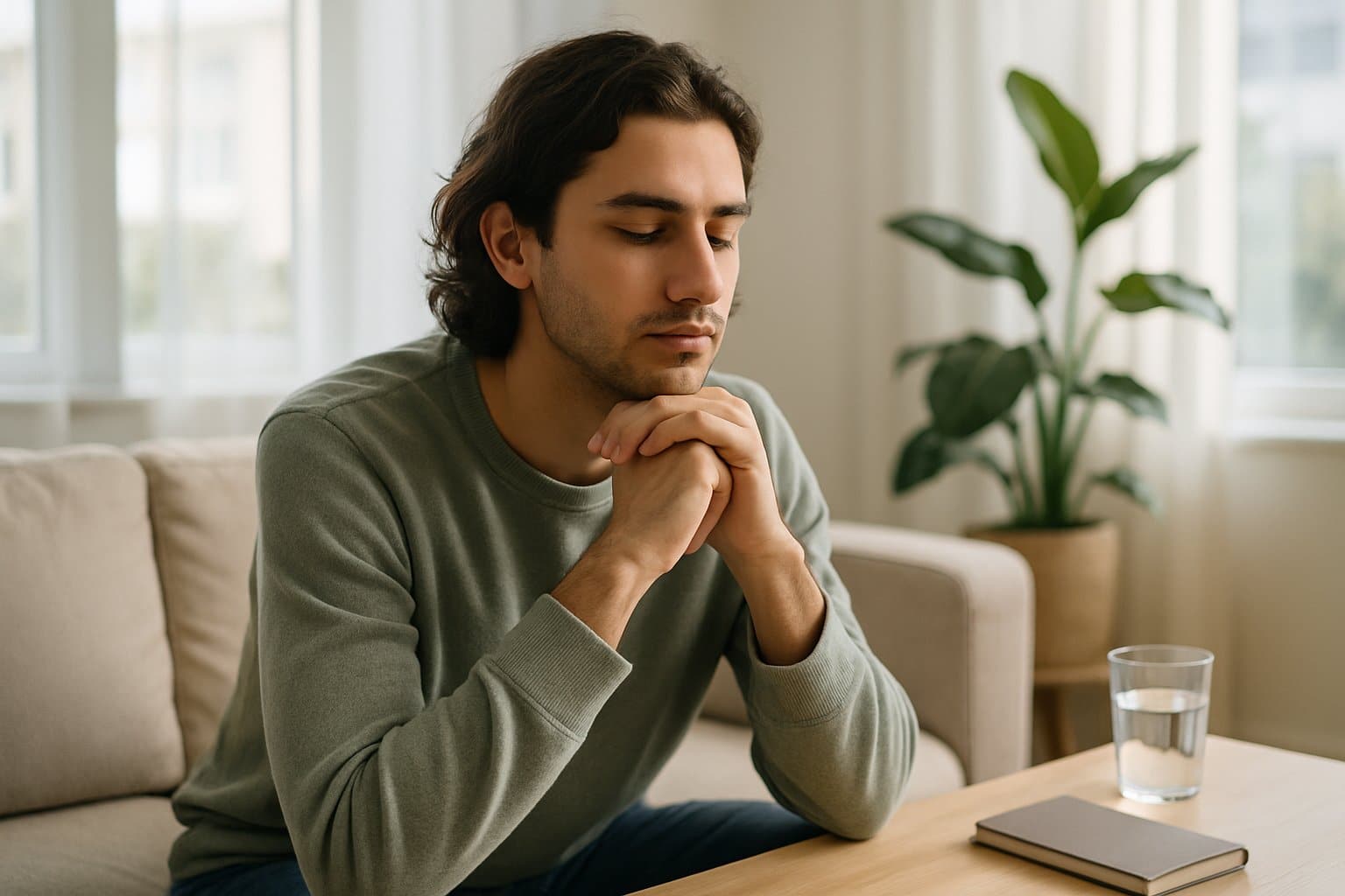 A young adult sitting calmly in a bright living room with natural light, surrounded by plants and a journal, appearing relaxed and thoughtful.