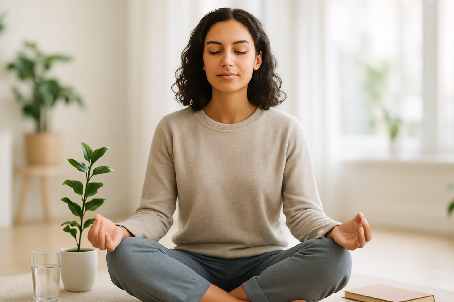 A young adult sitting cross-legged indoors, looking calm and reflective with natural light and wellness items around.