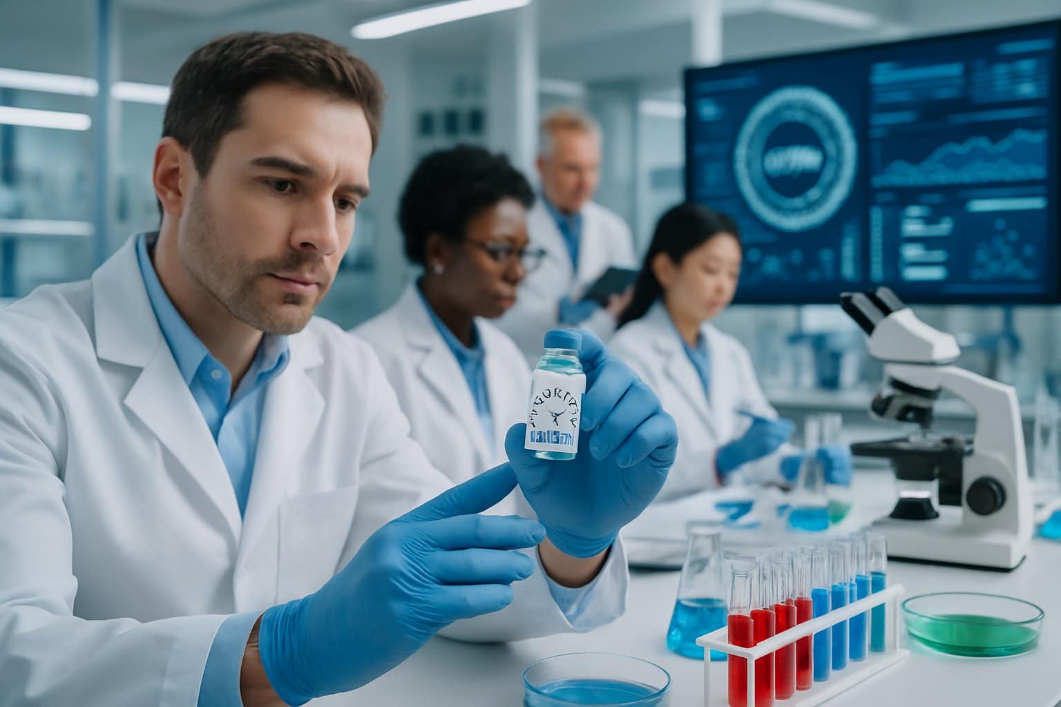 Scientists in a laboratory working with test tubes and digital screens showing molecular models related to drug research.