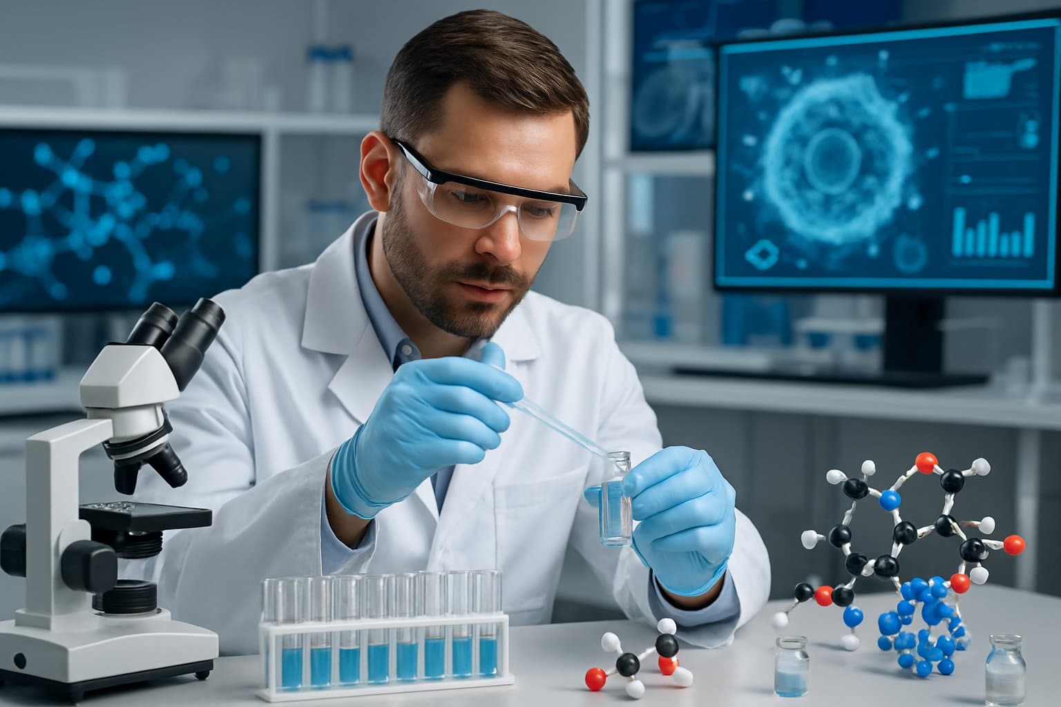 Scientist in a laboratory examining a vial with scientific equipment and digital molecular diagrams in the background.
