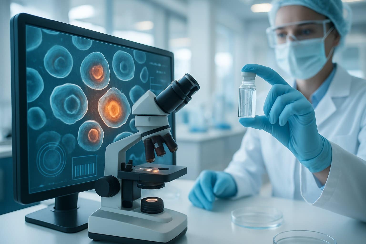A scientist in a laboratory examining human cells under a microscope with advanced equipment and digital displays showing cellular data.
