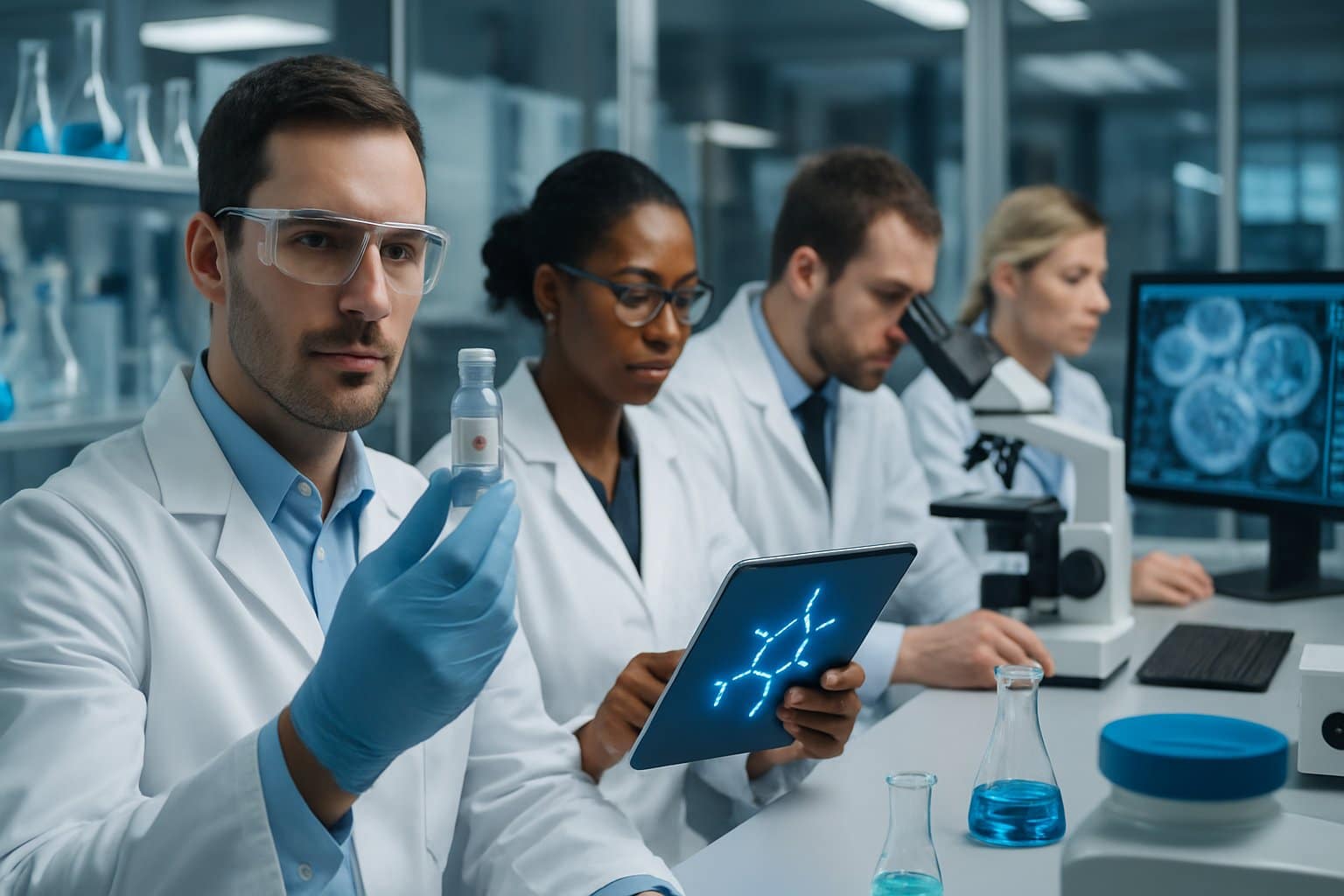 Scientists in a modern laboratory examining medical samples and digital displays related to cell health and aging research.