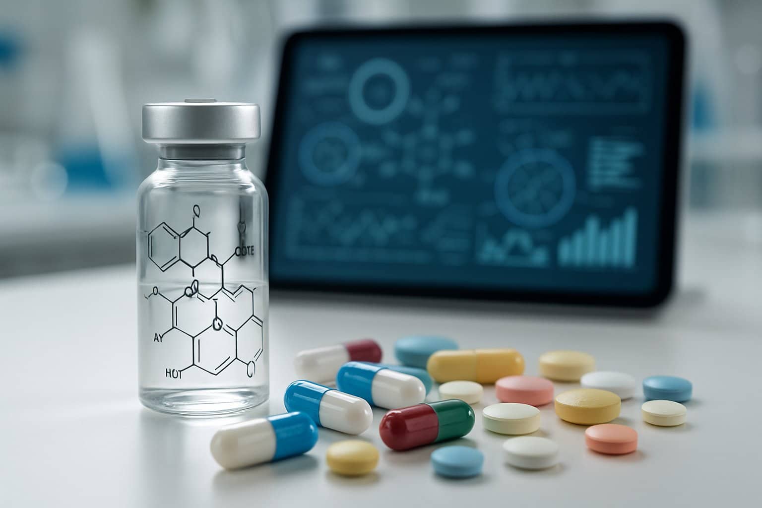 A laboratory scene showing various capsules and tablets next to a glass vial and a digital tablet displaying biochemical diagrams.