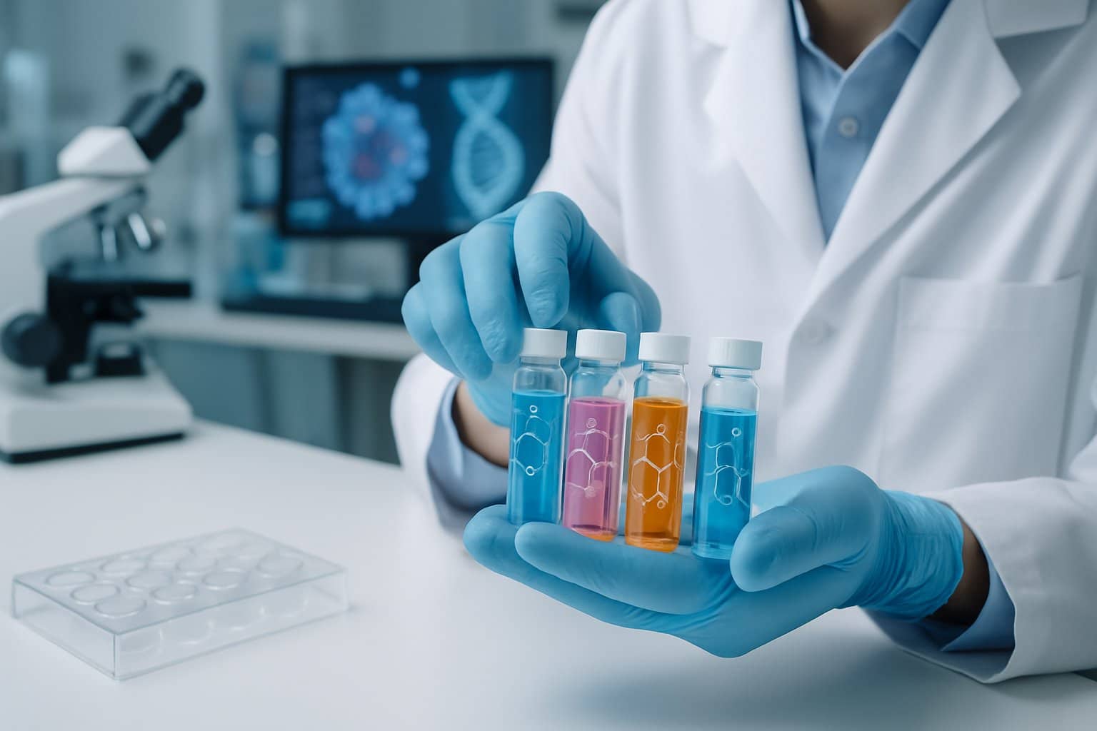 Scientist in a laboratory handling vials with colorful liquids, surrounded by scientific equipment and computer screens showing molecular models.