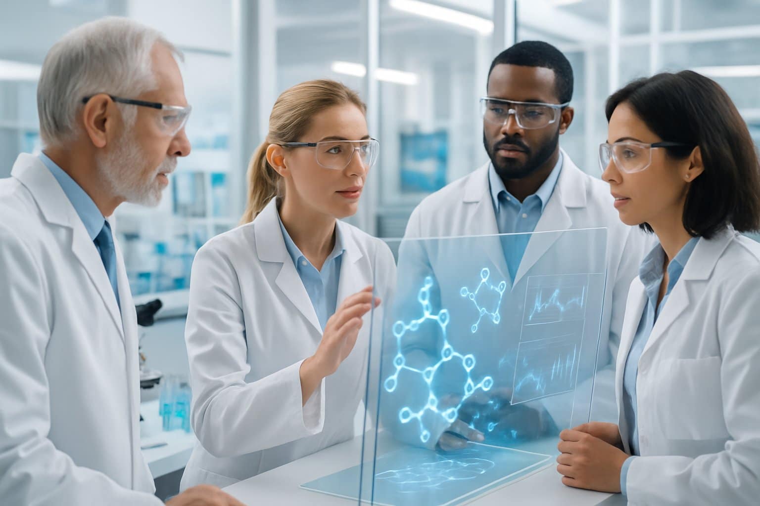 Scientists in a modern laboratory collaborating on drug research with digital displays and advanced equipment.