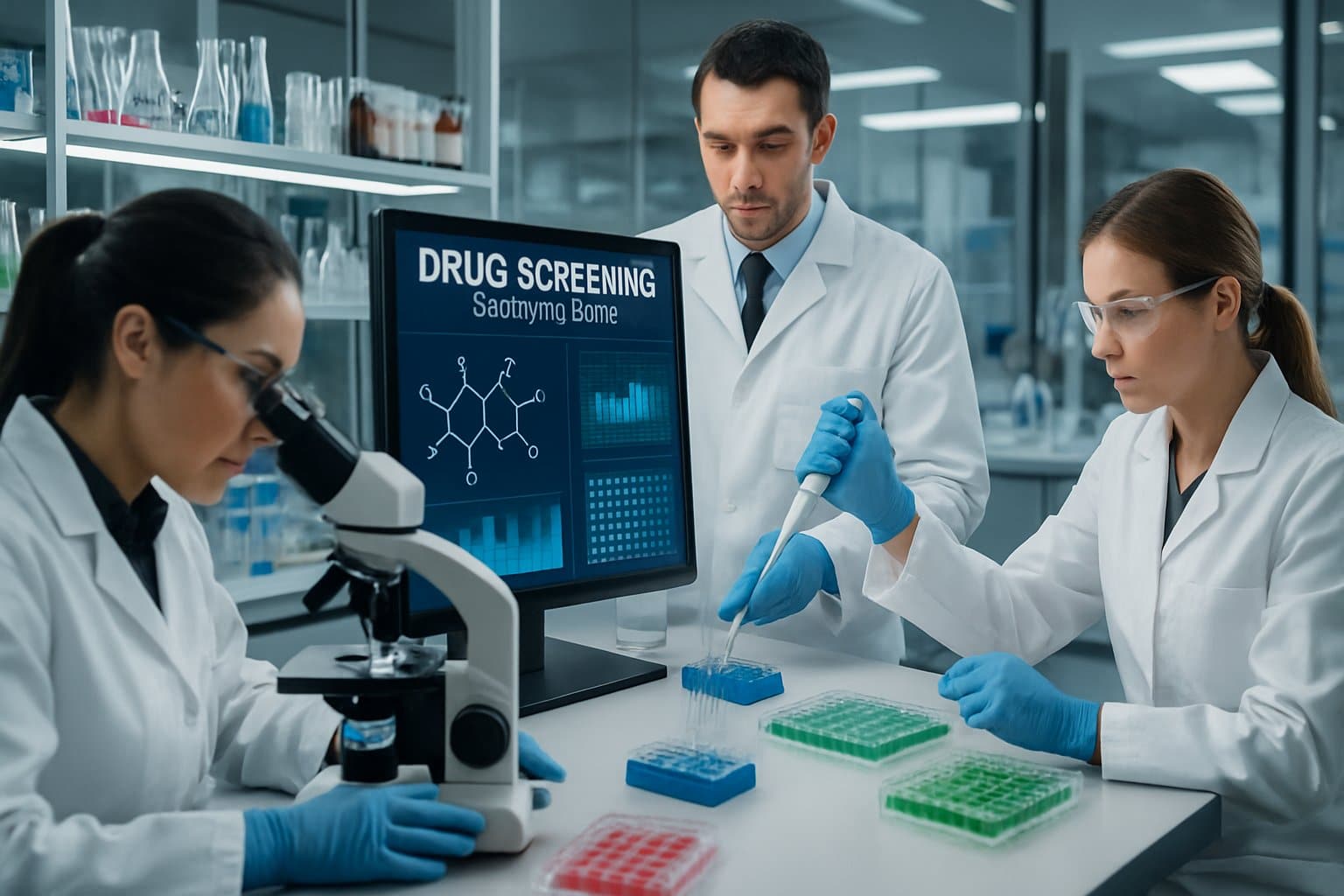 Scientists working in a modern laboratory with advanced equipment, analyzing molecular structures and conducting drug screening experiments.
