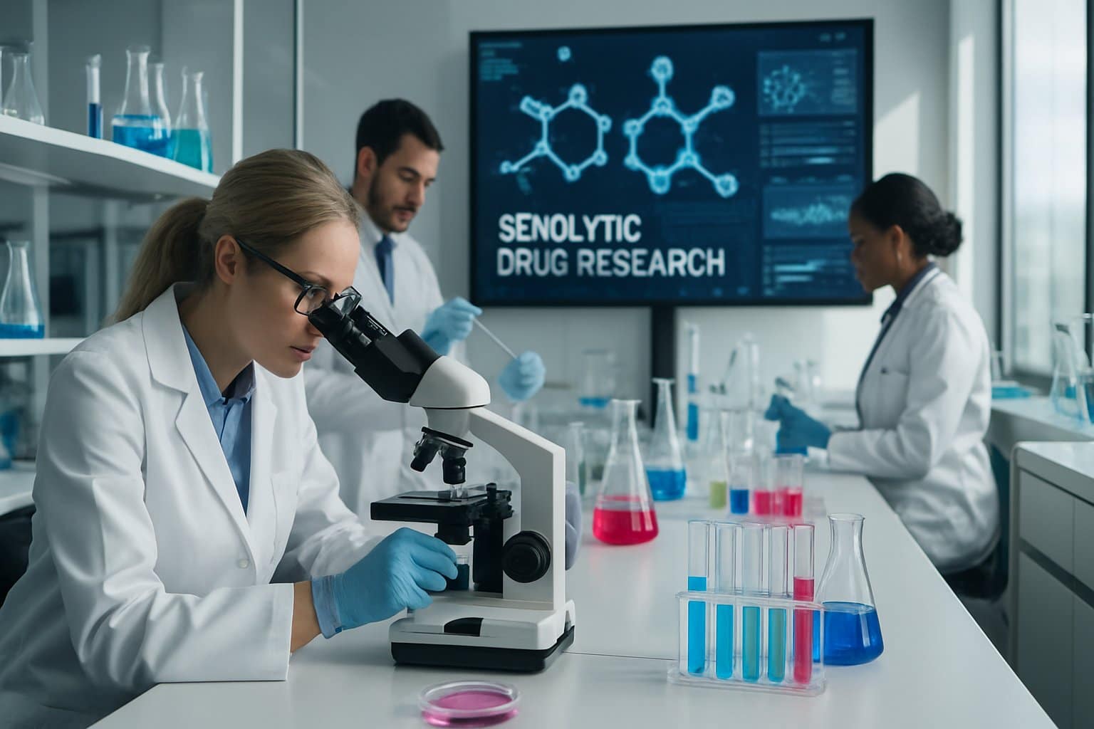 Scientists working in a bright laboratory with advanced equipment and digital screens showing molecular data.