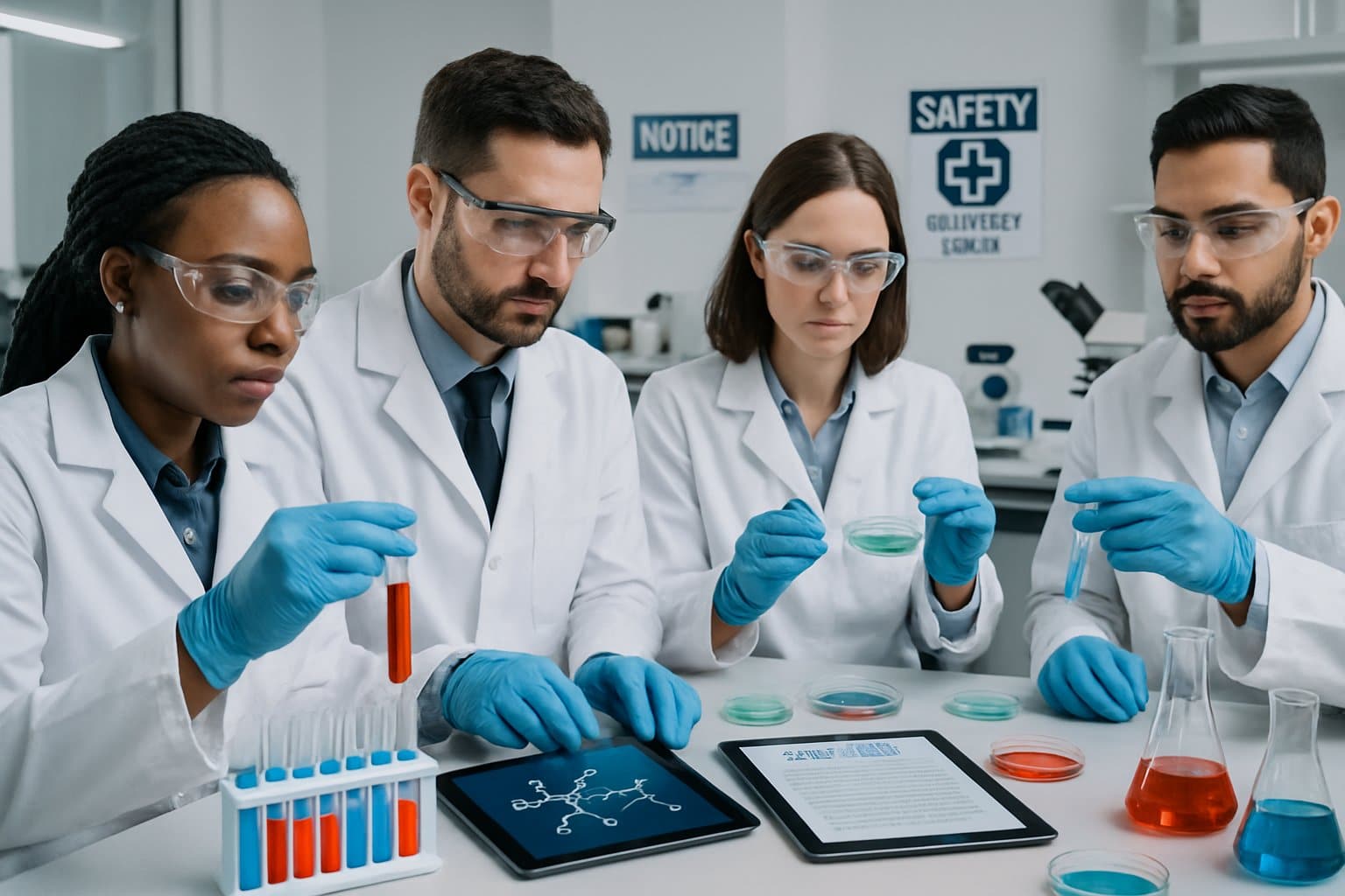 Scientists in a laboratory working with test tubes and digital tablets, surrounded by lab equipment and safety signs.