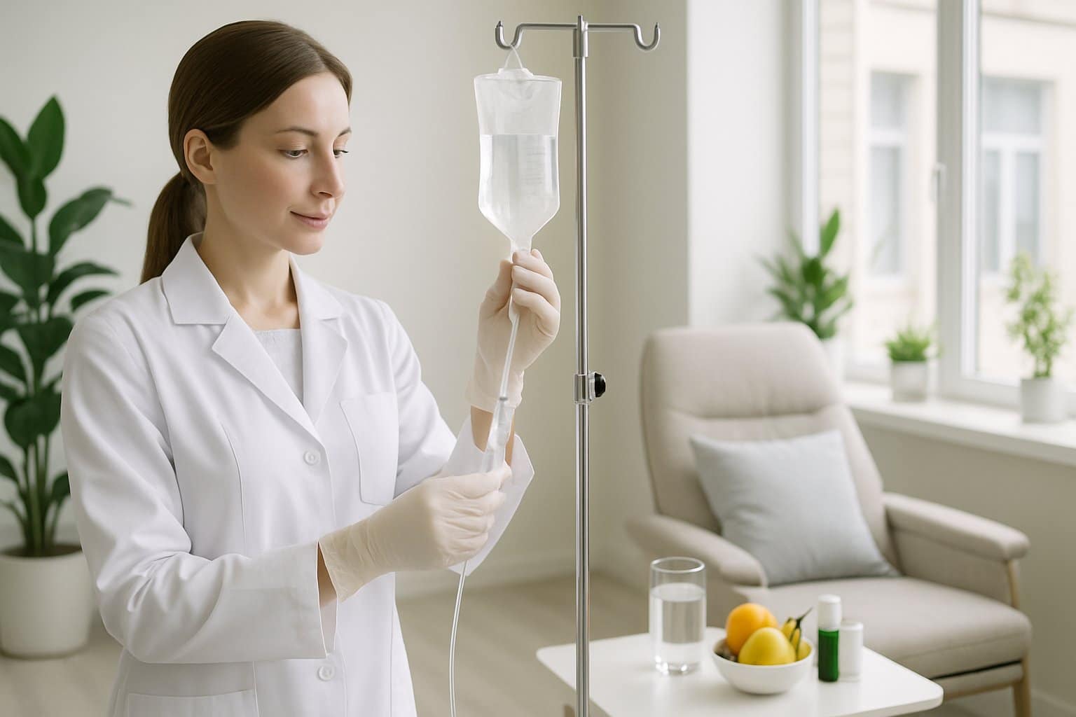 A healthcare professional preparing an IV drip in a bright, modern wellness clinic with a comfortable chair and wellness items nearby.