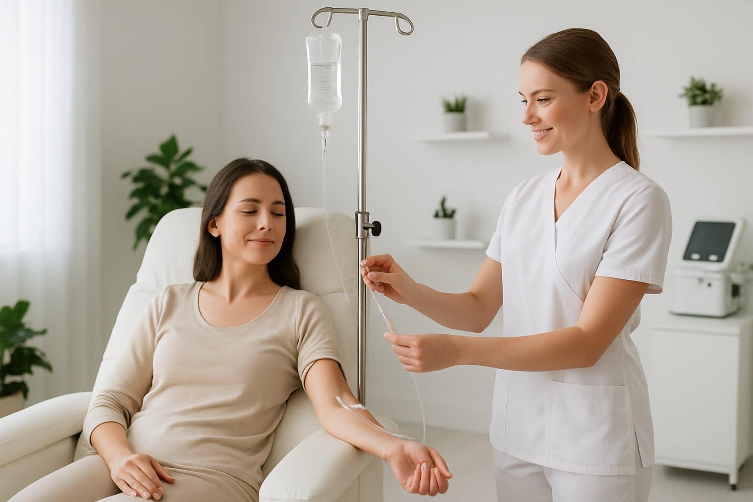 A woman receiving IV hydration treatment from a healthcare provider in a bright, clean spa room.