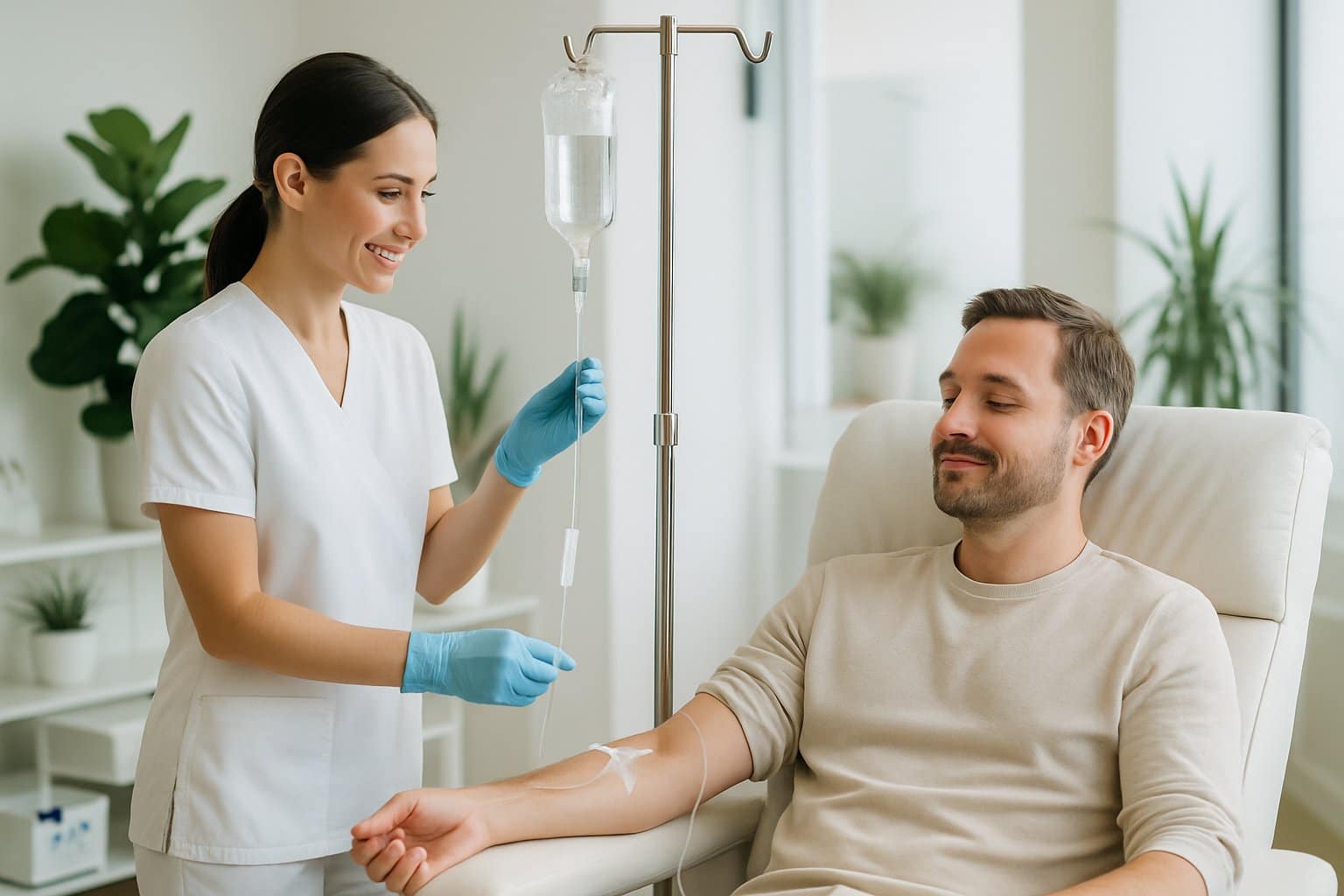 A healthcare professional adjusting an IV drip for a relaxed adult patient seated in a modern hydration spa room.