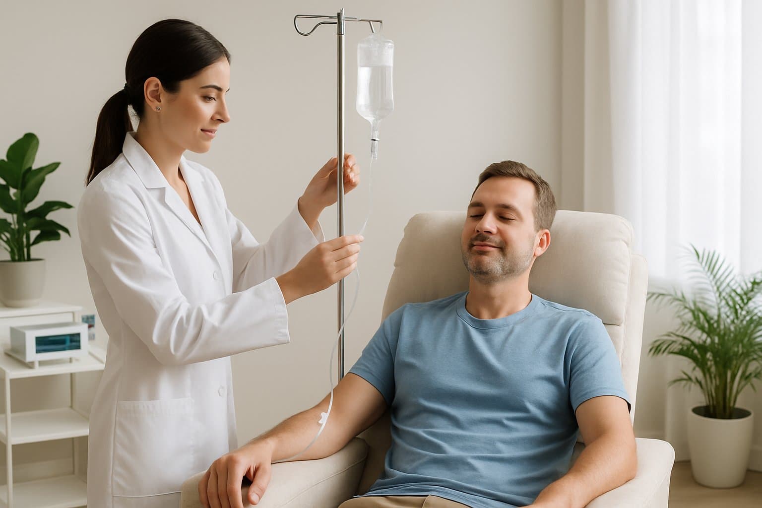 A healthcare professional adjusts an IV drip for a relaxed adult patient in a bright and calm treatment room.