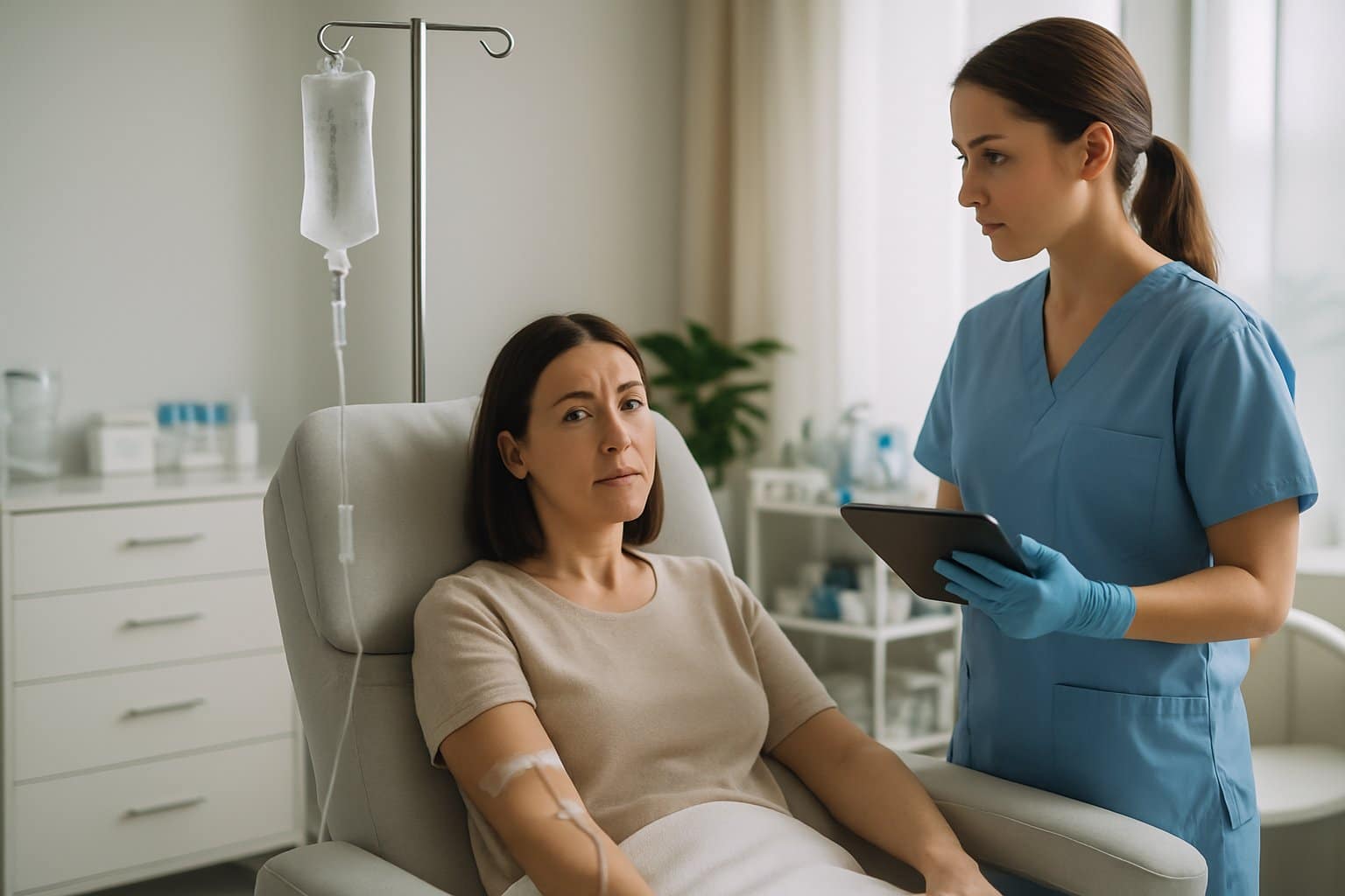A healthcare professional monitors an IV hydration drip while a patient reclines in a spa room receiving therapy.