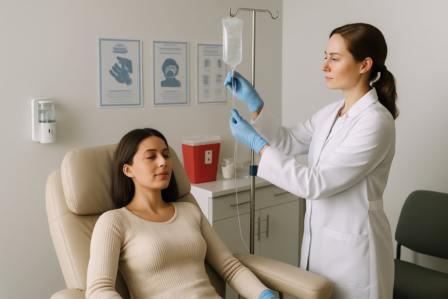 A healthcare professional preparing an IV drip in a clean and modern hydration spa treatment room.