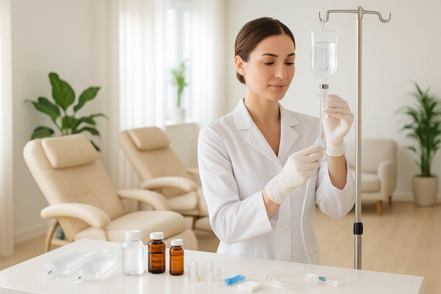 A healthcare professional preparing an IV hydration drip in a clean and calming spa room with reclining chairs and plants.