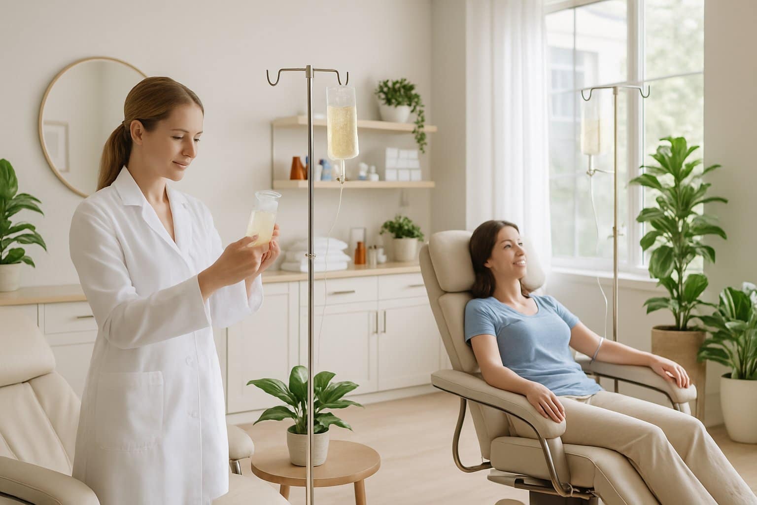 A healthcare professional preparing an IV hydration treatment for a relaxed client in a modern spa clinic room.