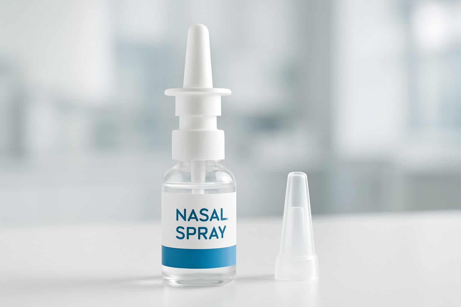 A clear nasal spray bottle and applicator on a white surface in a clinical setting.