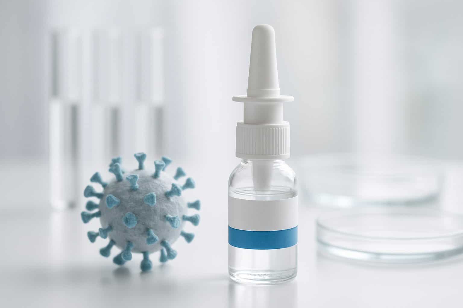 A nasal spray bottle on a white surface with scientific models and lab glassware in the background, representing medical prevention.